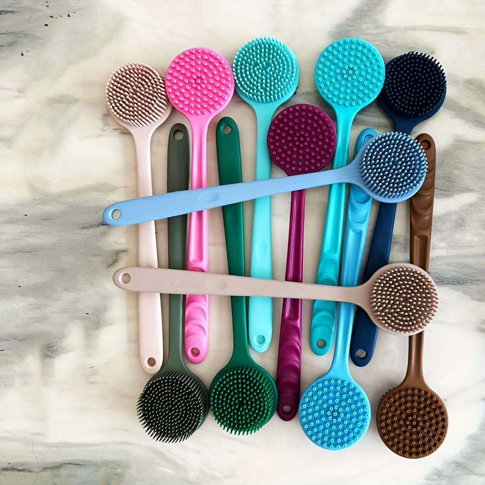 Extra Long Bath Brush with Non-Slip Grip - Heavy-Duty Back, Feet & Body Scrubber - Dual-Sided Soft Bristles for Exfoliation & Massage - Fast-Drying Silicone Shower Brush - No Battery Needed - Ideal for Adults & Seniors - (14.72", Single/Double Pack) -