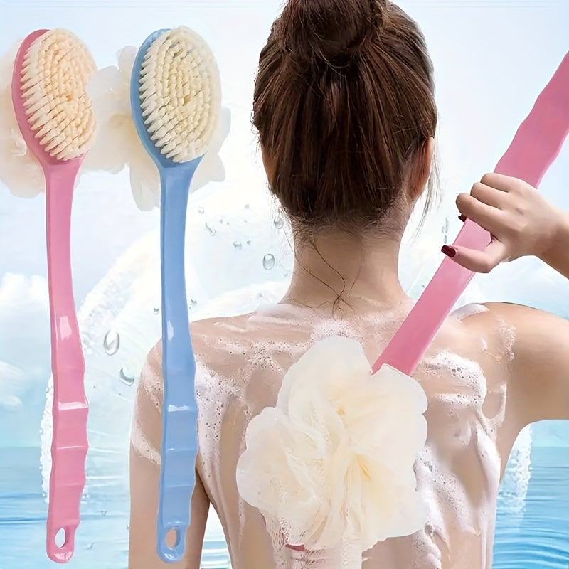 A 2-In-1 Dual-Headed Shower Brush, Equipped with a Soft Loofah, Designed for Back Scrubbing: Convenient And Quick.