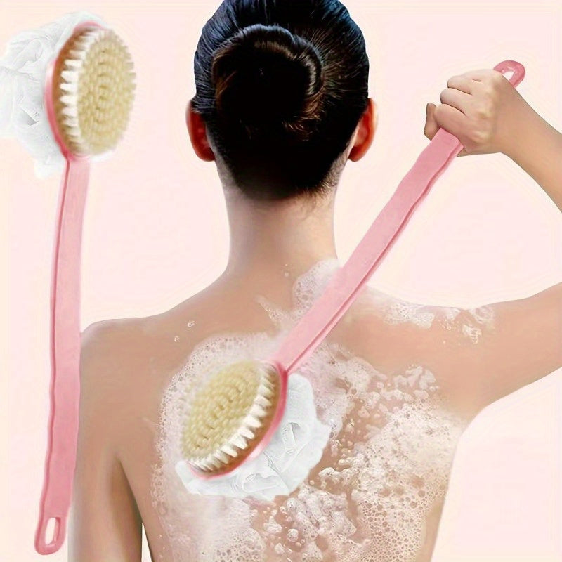 One Soft Bristle Long Handle Shower Brush with Mesh Foam, Japanese Exfoliating Back Scrubber, Multifunctional 2-in-1 Bath Brush, Suitable for Showers, Gentle Hair Removal and Light Beige Massage