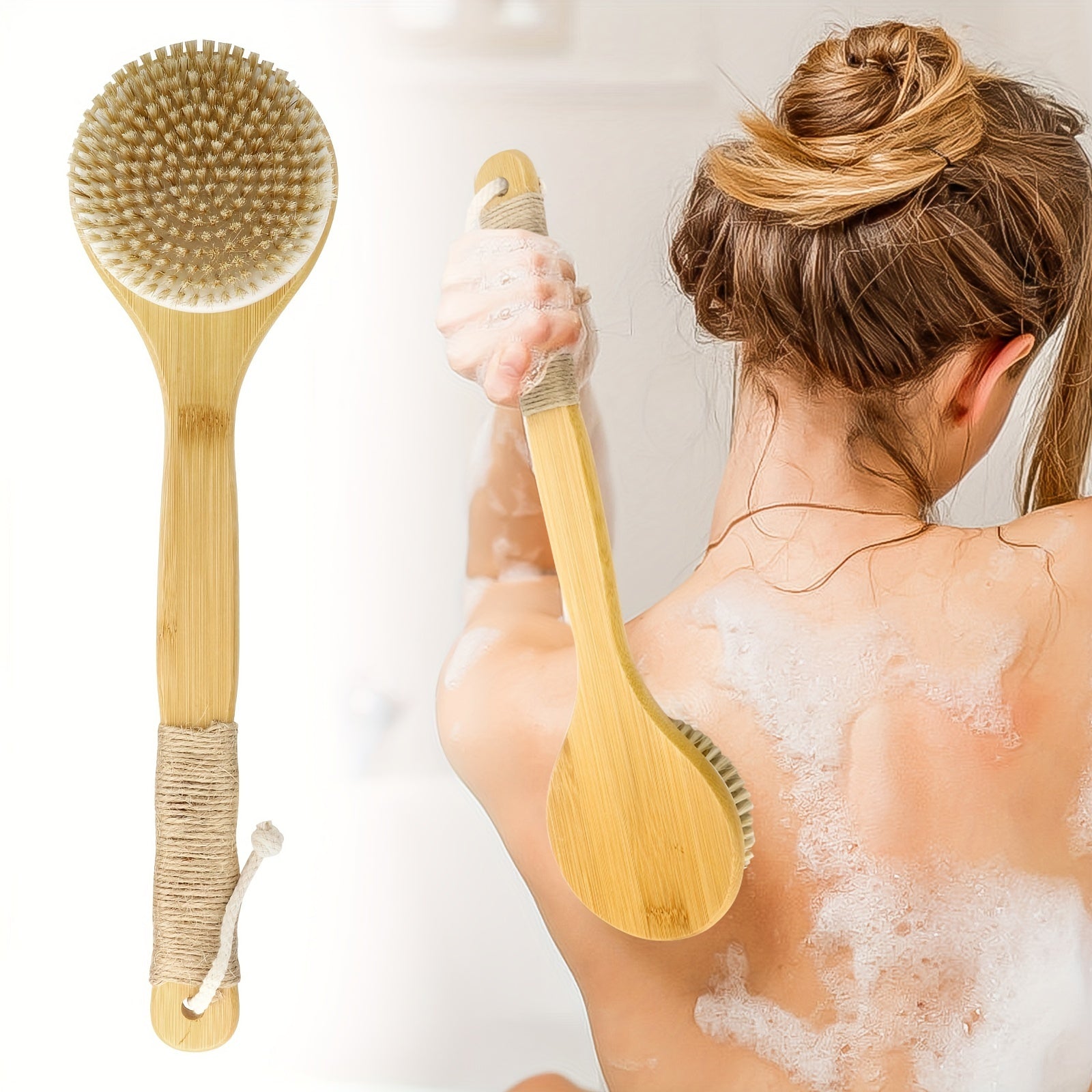 Extended Handle Bath Brush Featuring a Hanging Rope, Natural Bristle Back Scrubber, Exfoliating Shower Brush for Body Spa Cleansing