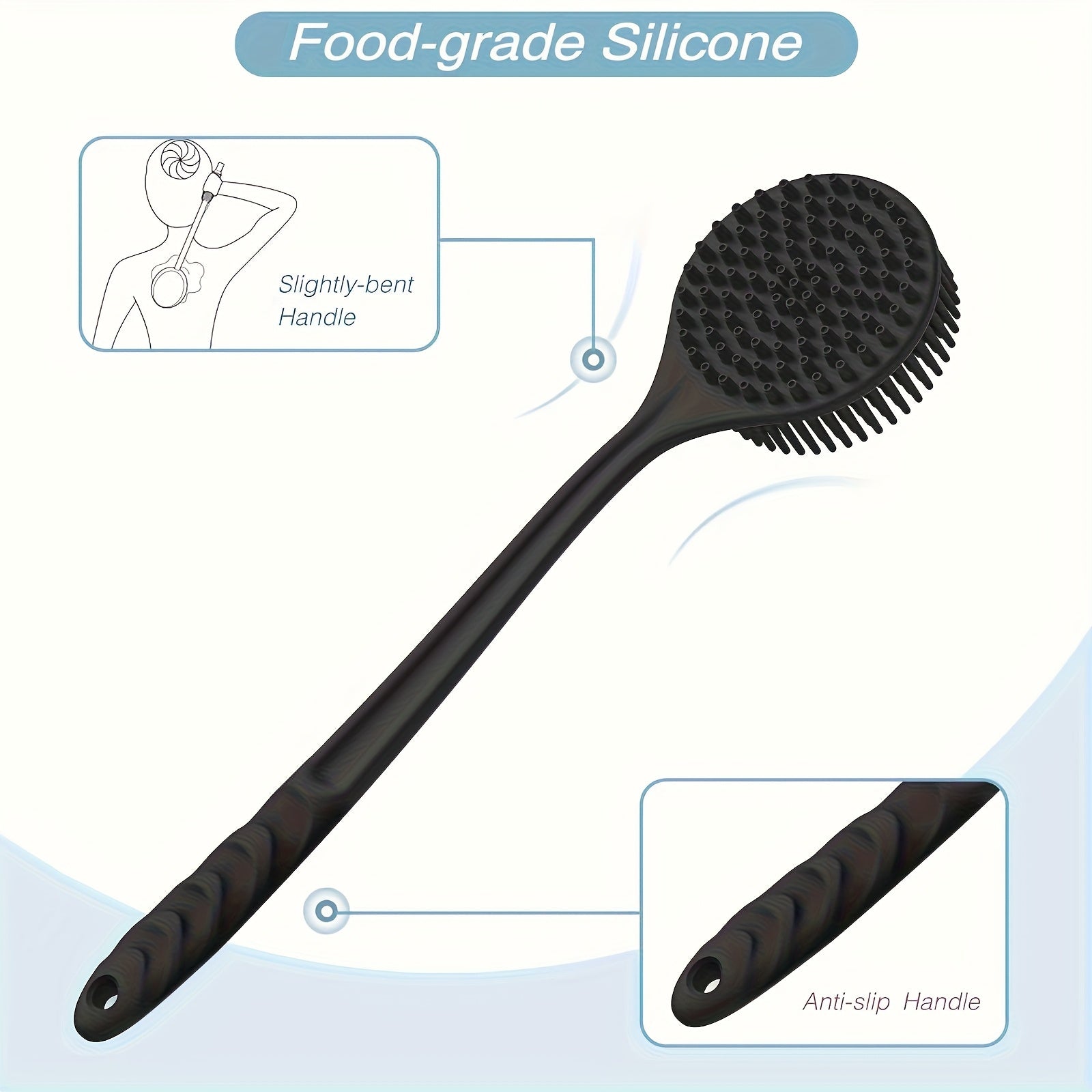 Extra Long Bath Brush with Non-Slip Grip - Heavy-Duty Back, Feet & Body Scrubber - Dual-Sided Soft Bristles for Exfoliation & Massage - Fast-Drying Silicone Shower Brush - No Battery Needed - Ideal for Adults & Seniors - (14.72", Single/Double Pack) -