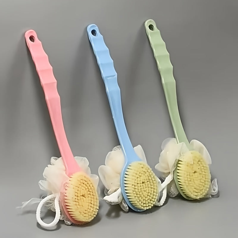 1pc 2-in-1 Long Handle Bath Brush - Dual-Sided Soft Bristles & Loofah Back Scrubber, Non-Slip Extendable Handle for Easy Reach, Exfoliating & Massage, Ideal for Shower Use, Exfoliation Tool|Ergonomic Design|Soft Bristle Brush, Bath & Body Brushe