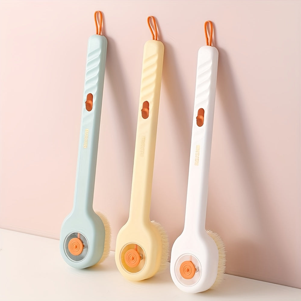 3 Colors Available: One-of-a-kind Press-type Long-Handle Bath Brush, Soft Bristle Back Cleaning Brush for Men and Women, No Need for Water Assistance, Exfoliating Beauty Tool, Manual Operation, No Battery Needed, Bathing Accessories