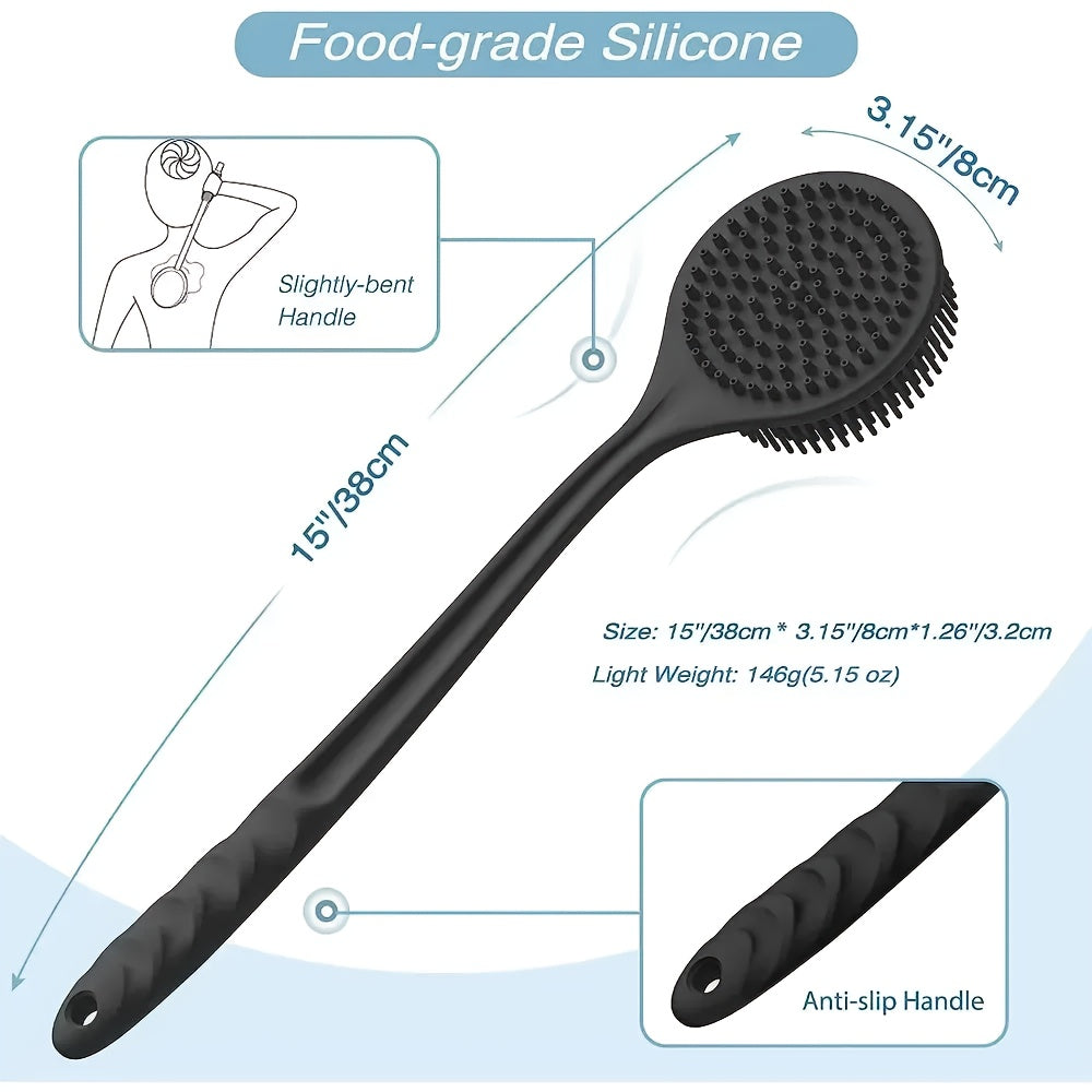 1pc Dual-Sided Silicone Bath Brush with Long Handle - Exfoliating & Massage Body Scrubber for Deep Cleaning, Gentle Beige Care, Ergonomic Shower Tool for Back, Men & Women, Durable Silicone (Black), Exfoliation Scrubber, Textured Scrubbing Surface,