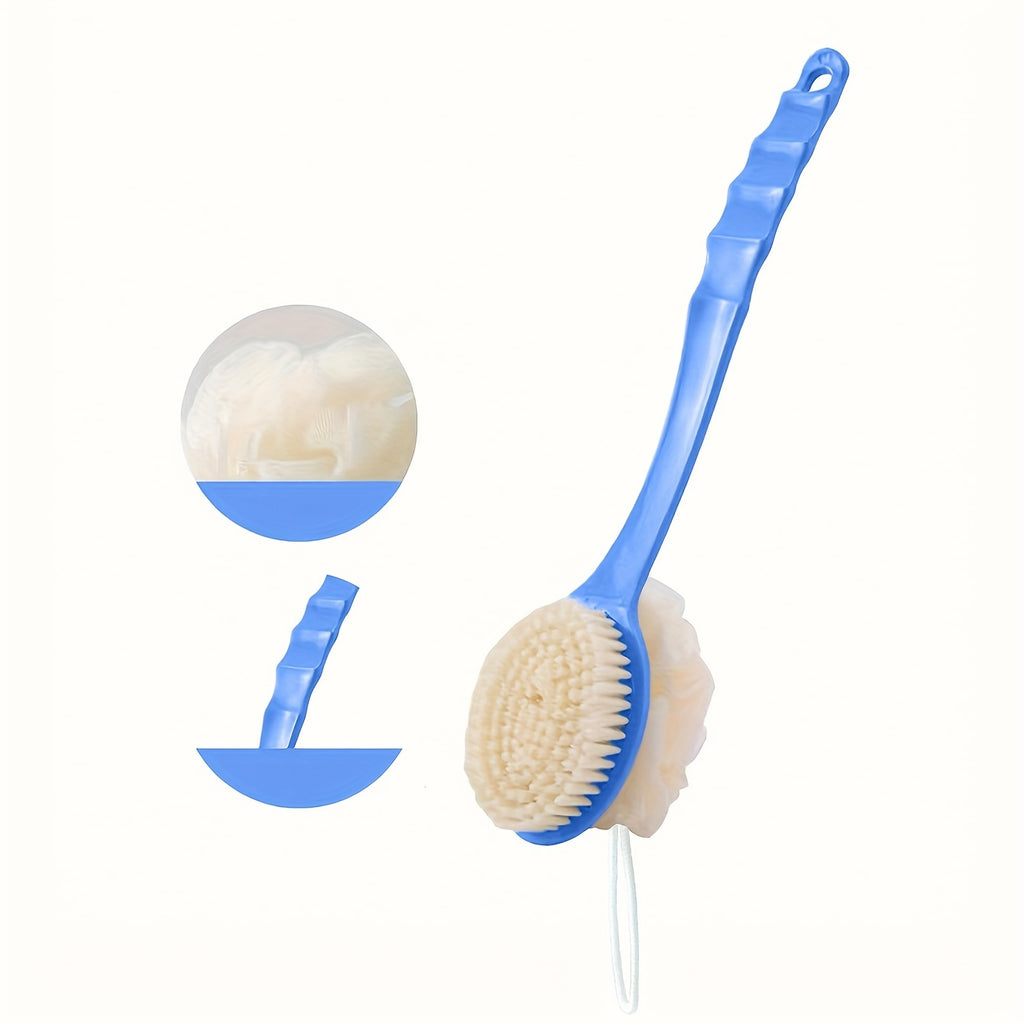 1pc Soft Bristle Long Handle Bath Brush with Loofah Sponge - Non-Electric Exfoliating Body Scrubber for Back and Full Body Cleanse