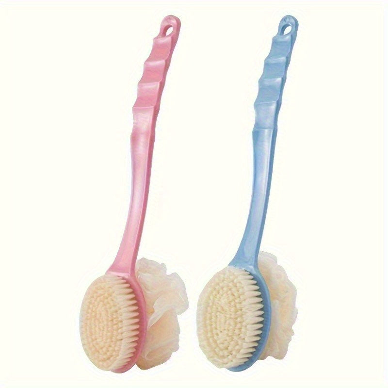 One Soft Bristle Long Handle Shower Brush with Mesh Foam, Japanese Exfoliating Back Scrubber, Multifunctional 2-in-1 Bath Brush, Suitable for Showers, Gentle Hair Removal and Light Beige Massage