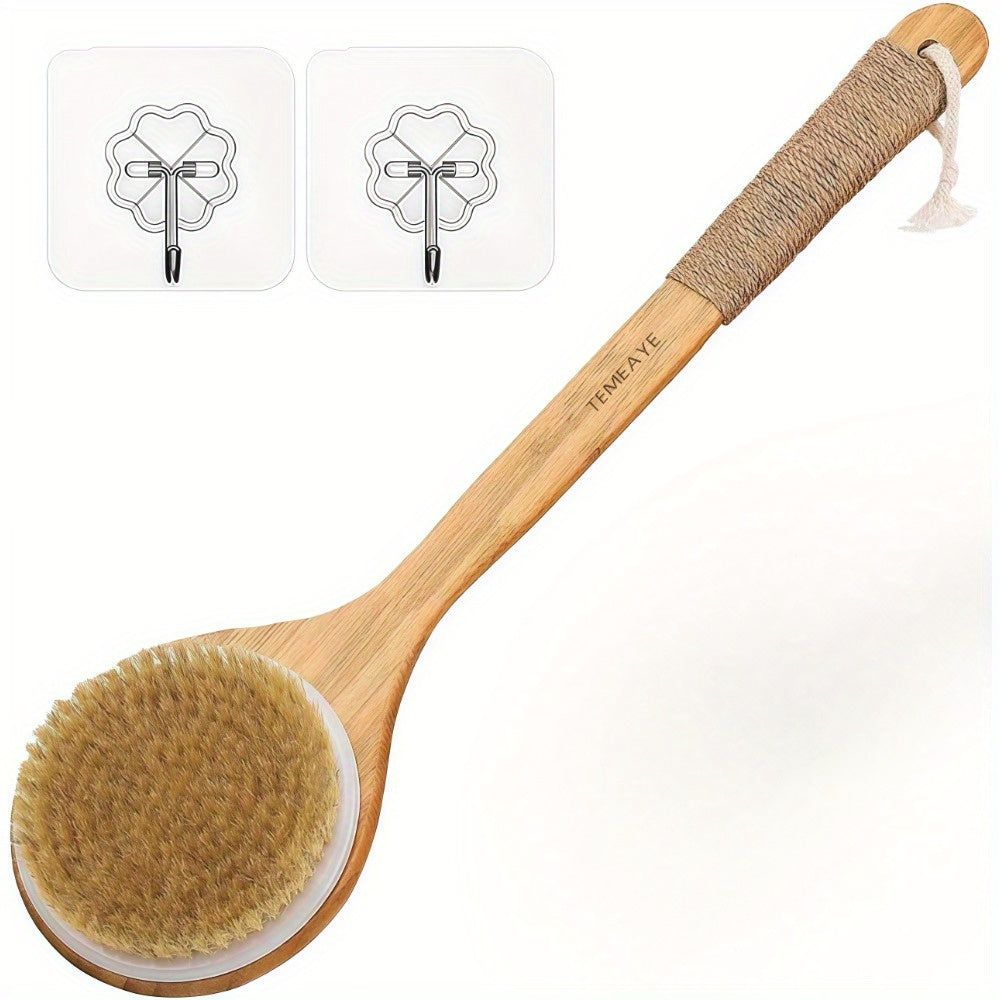 Long Handled Body Brush Set with Wooden Handle Combined with Medium Strength Natural Bristles, Gently Exfoliates, Removes Lumps, and Lymphatic Drainage, Making The Whole Body Light Beige Softer