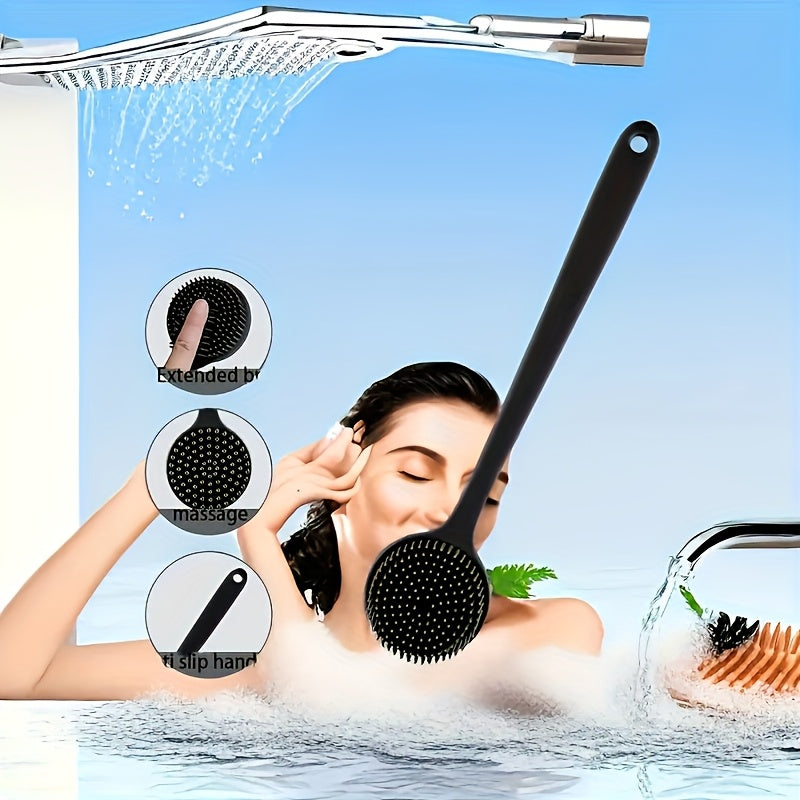 Extra Long Bath Brush with Non-Slip Grip - Heavy-Duty Back, Feet & Body Scrubber - Dual-Sided Soft Bristles for Exfoliation & Massage - Fast-Drying Silicone Shower Brush - No Battery Needed - Ideal for Adults & Seniors - (14.72", Single/Double Pack) -