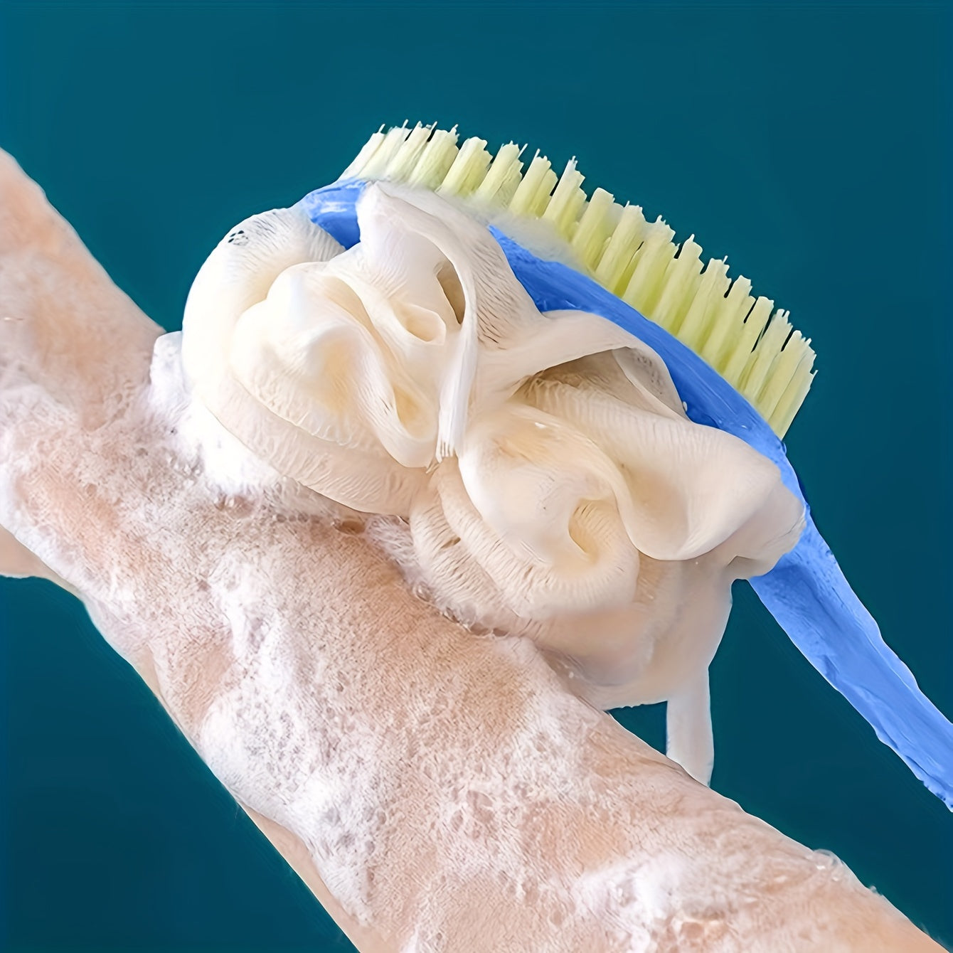 1pc Soft Bristle Long Handle Bath Brush with Loofah Sponge - Non-Electric Exfoliating Body Scrubber for Back and Full Body Cleanse