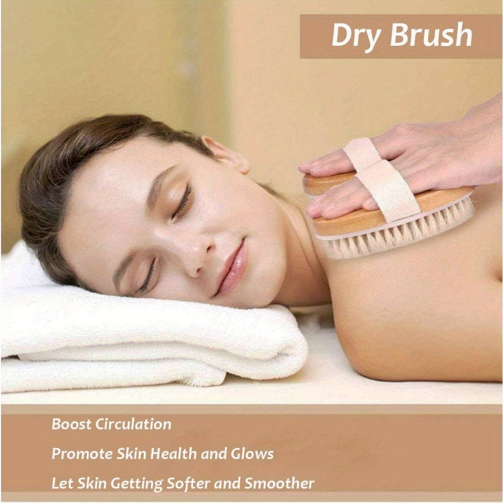 Long Handled Body Brush Set with Wooden Handle Combined with Medium Strength Natural Bristles, Gently Exfoliates, Removes Lumps, and Lymphatic Drainage, Making The Whole Body Light Beige Softer