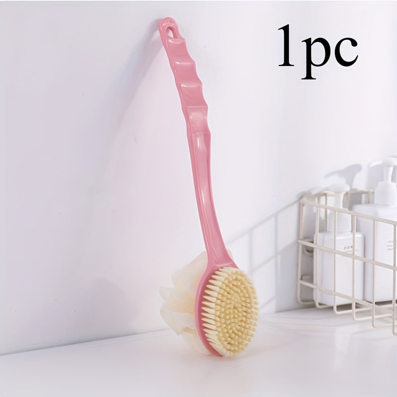 1pc Soft Bristle Long Handle Bath Brush with Loofah Sponge - Non-Electric Exfoliating Body Scrubber for Back and Full Body Cleanse