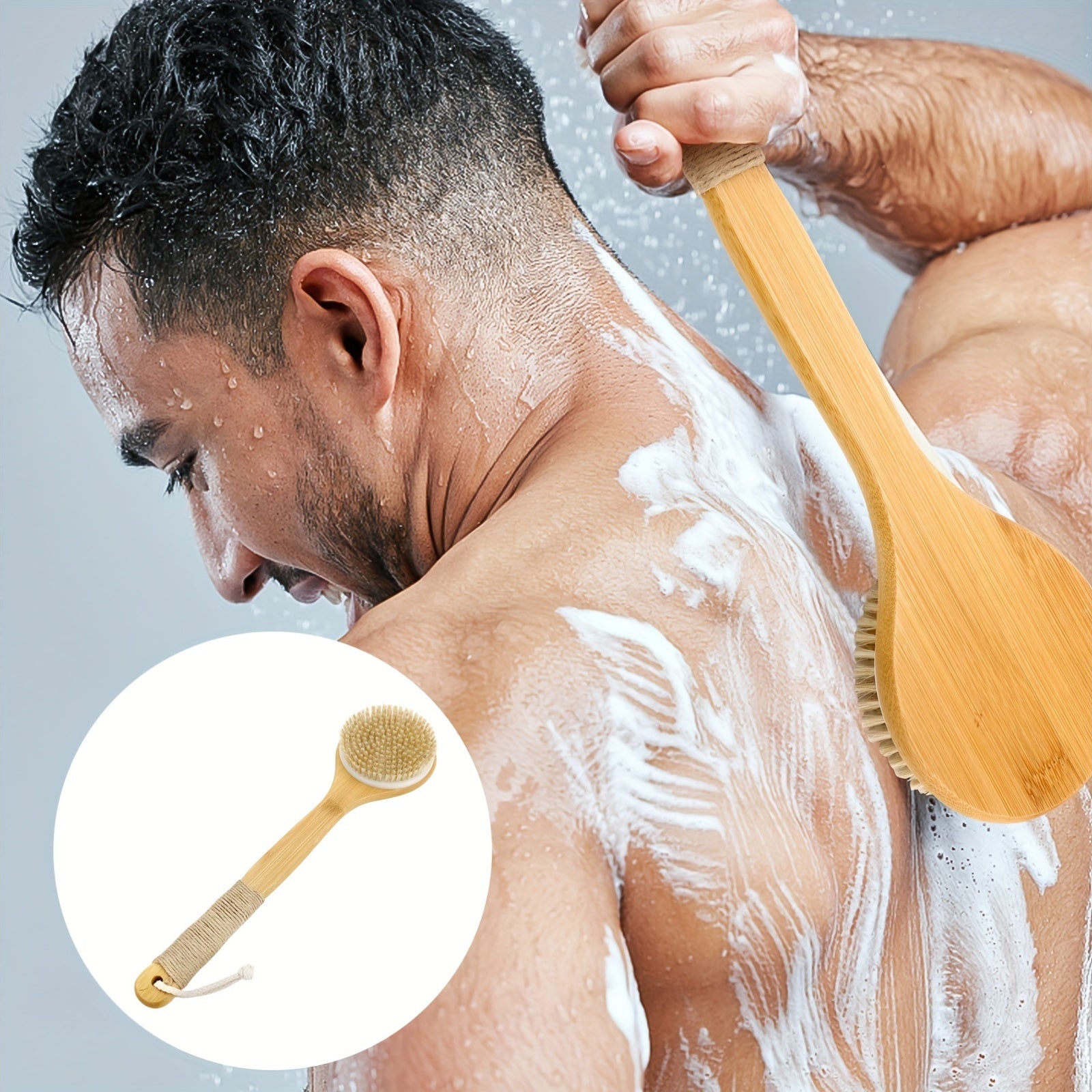 Extended Handle Bath Brush Featuring a Hanging Rope, Natural Bristle Back Scrubber, Exfoliating Shower Brush for Body Spa Cleansing