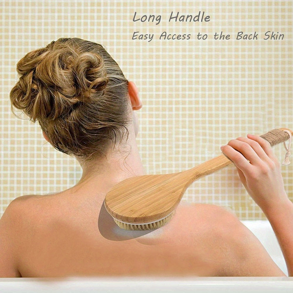 Long Handled Body Brush Set with Wooden Handle Combined with Medium Strength Natural Bristles, Gently Exfoliates, Removes Lumps, and Lymphatic Drainage, Making The Whole Body Light Beige Softer