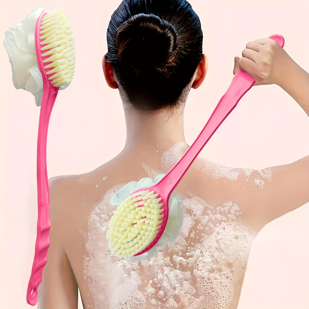 1pc Soft Bristle Long Handle Bath Brush with Loofah Sponge - Non-Electric Exfoliating Body Scrubber for Back and Full Body Cleanse