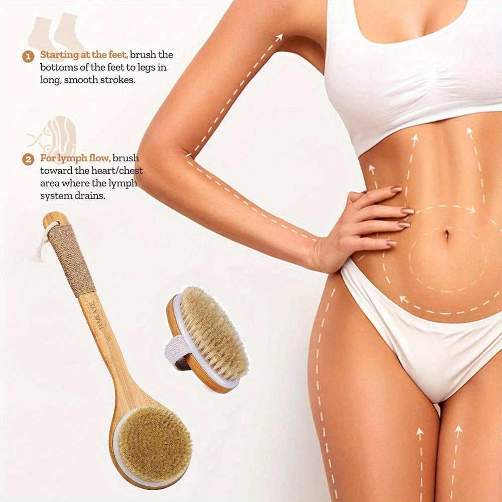 Long Handled Body Brush Set with Wooden Handle Combined with Medium Strength Natural Bristles, Gently Exfoliates, Removes Lumps, and Lymphatic Drainage, Making The Whole Body Light Beige Softer