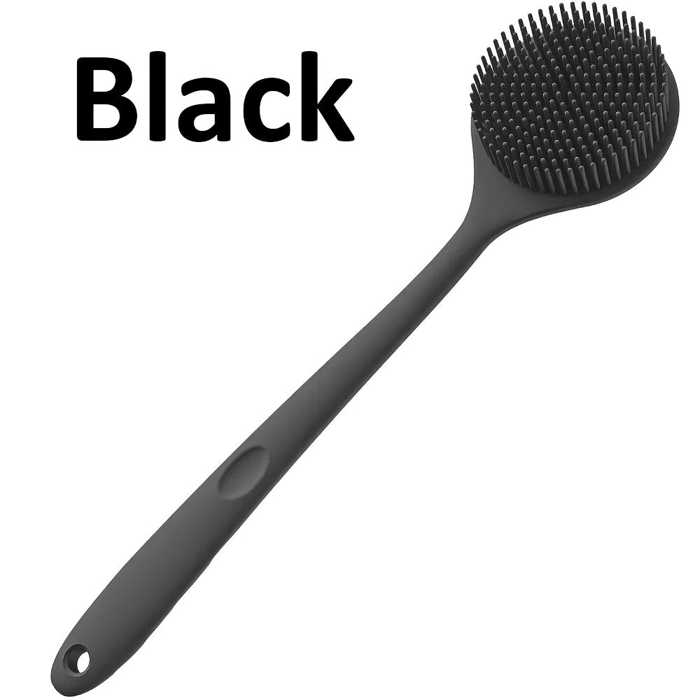 1pc Dual-Sided Silicone Bath Brush with Long Handle - Exfoliating & Massage Body Scrubber for Deep Cleaning, Gentle Beige Care, Ergonomic Shower Tool for Back, Men & Women, Durable Silicone (Black), Exfoliation Scrubber, Textured Scrubbing Surface,