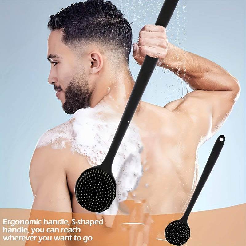 Extra Long Bath Brush with Non-Slip Grip - Heavy-Duty Back, Feet & Body Scrubber - Dual-Sided Soft Bristles for Exfoliation & Massage - Fast-Drying Silicone Shower Brush - No Battery Needed - Ideal for Adults & Seniors - (14.72", Single/Double Pack) -