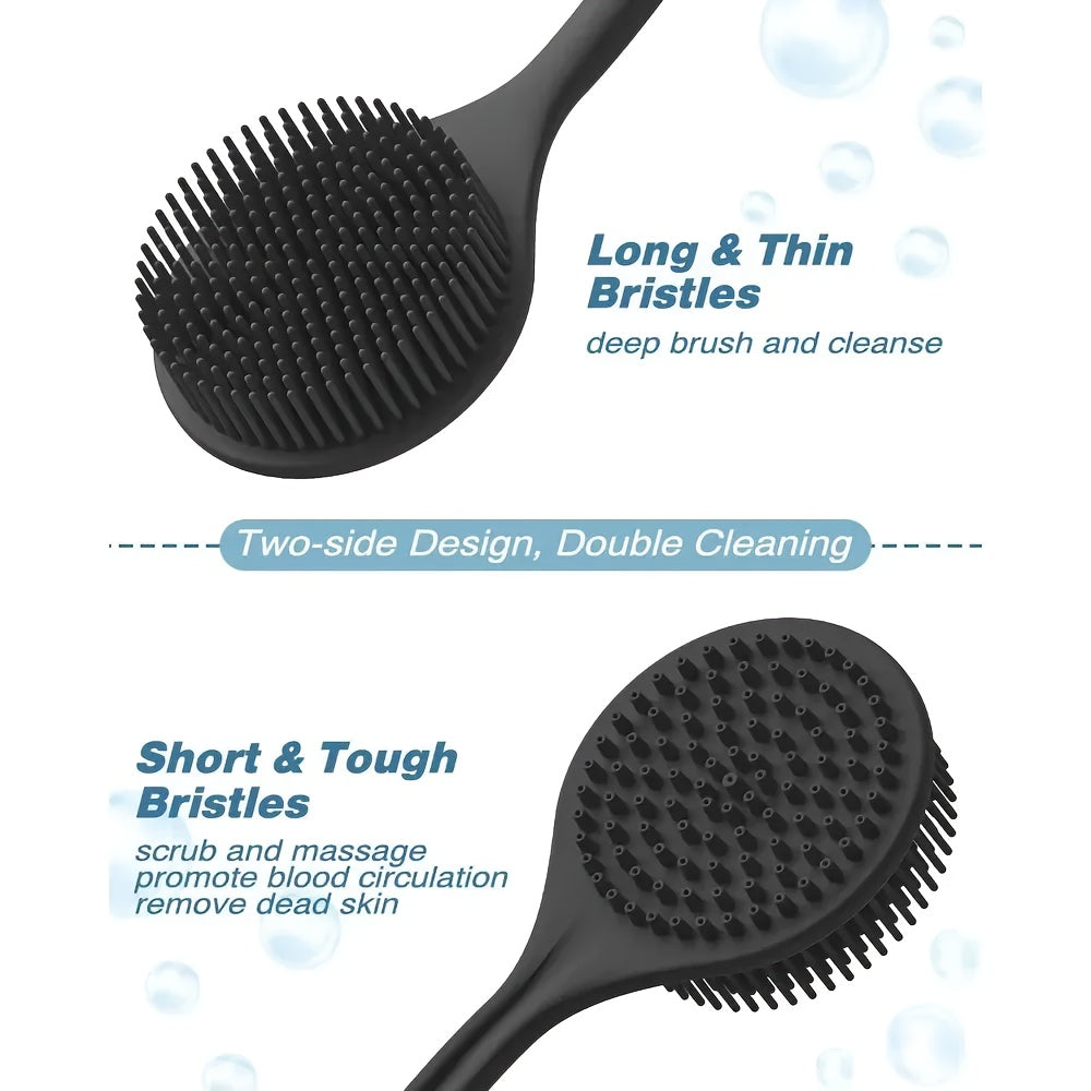 1pc Dual-Sided Silicone Bath Brush with Long Handle - Exfoliating & Massage Body Scrubber for Deep Cleaning, Gentle Beige Care, Ergonomic Shower Tool for Back, Men & Women, Durable Silicone (Black), Exfoliation Scrubber, Textured Scrubbing Surface,