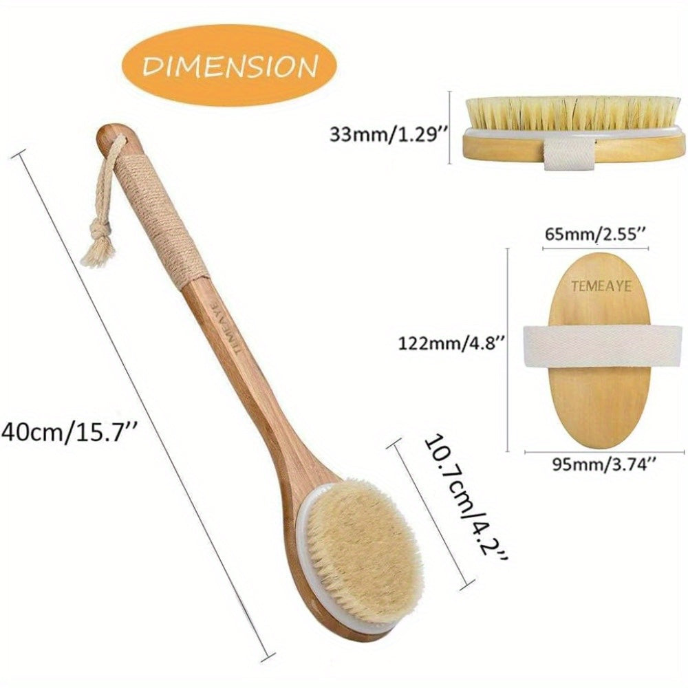 Long Handled Body Brush Set with Wooden Handle Combined with Medium Strength Natural Bristles, Gently Exfoliates, Removes Lumps, and Lymphatic Drainage, Making The Whole Body Light Beige Softer