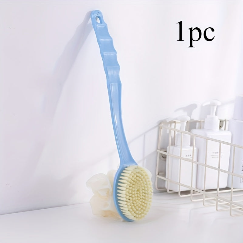 1pc Soft Bristle Long Handle Bath Brush with Loofah Sponge - Non-Electric Exfoliating Body Scrubber for Back and Full Body Cleanse
