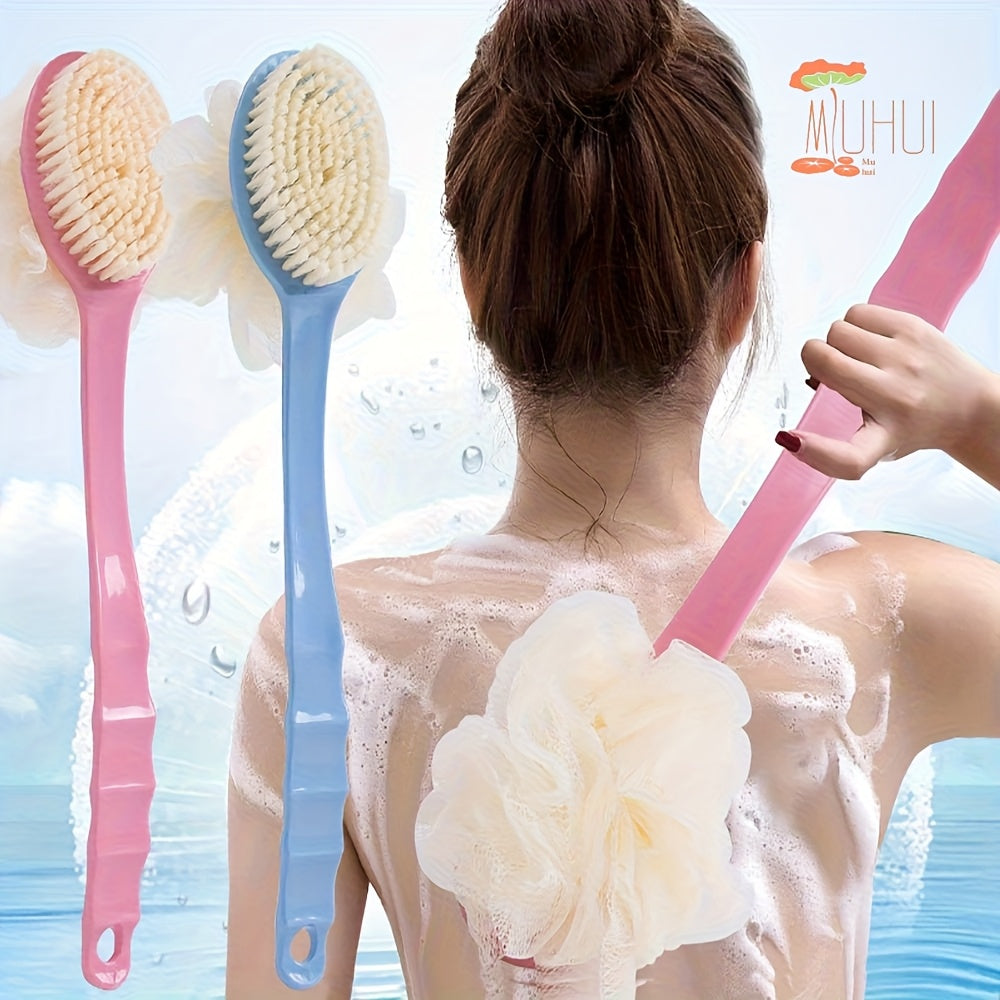 1pc 2-in-1 Long Handle Bath Brush - Dual-Sided Soft Bristles & Loofah Back Scrubber, Non-Slip Extendable Handle for Easy Reach, Exfoliating & Massage, Ideal for Shower Use, Exfoliation Tool|Ergonomic Design|Soft Bristle Brush, Bath & Body Brushe