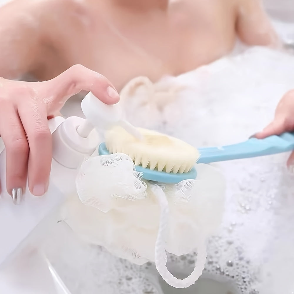 1pc 2-in-1 Long Handle Bath Brush - Dual-Sided Soft Bristles & Loofah Back Scrubber, Non-Slip Extendable Handle for Easy Reach, Exfoliating & Massage, Ideal for Shower Use, Exfoliation Tool|Ergonomic Design|Soft Bristle Brush, Bath & Body Brushe