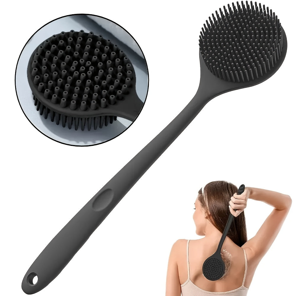 1pc Dual-Sided Silicone Bath Brush with Long Handle - Exfoliating & Massage Body Scrubber for Deep Cleaning, Gentle Beige Care, Ergonomic Shower Tool for Back, Men & Women, Durable Silicone (Black), Exfoliation Scrubber, Textured Scrubbing Surface,