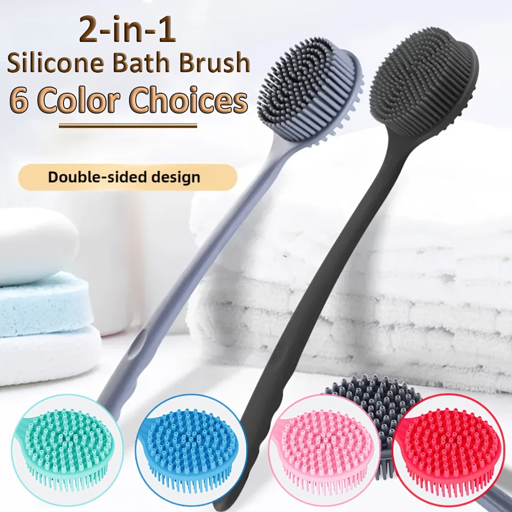 1pc Dual-Sided Silicone Bath Brush with Long Handle - Exfoliating & Massage Body Scrubber for Deep Cleaning, Gentle Beige Care, Ergonomic Shower Tool for Back, Men & Women, Durable Silicone (Black), Exfoliation Scrubber, Textured Scrubbing Surface,