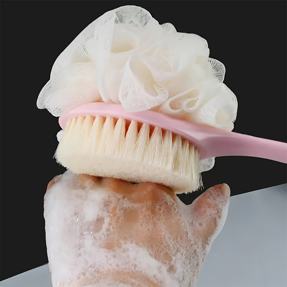 1pc 2-in-1 Long Handle Bath Brush - Dual-Sided Soft Bristles & Loofah Back Scrubber, Non-Slip Extendable Handle for Easy Reach, Exfoliating & Massage, Ideal for Shower Use, Exfoliation Tool|Ergonomic Design|Soft Bristle Brush, Bath & Body Brushe