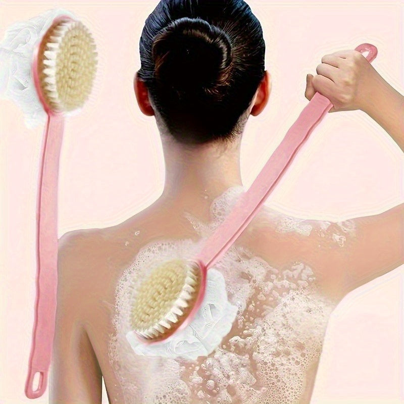 One Soft Bristle Long Handle Shower Brush with Mesh Foam, Japanese Exfoliating Back Scrubber, Multifunctional 2-in-1 Bath Brush, Suitable for Showers, Gentle Hair Removal and Light Beige Massage