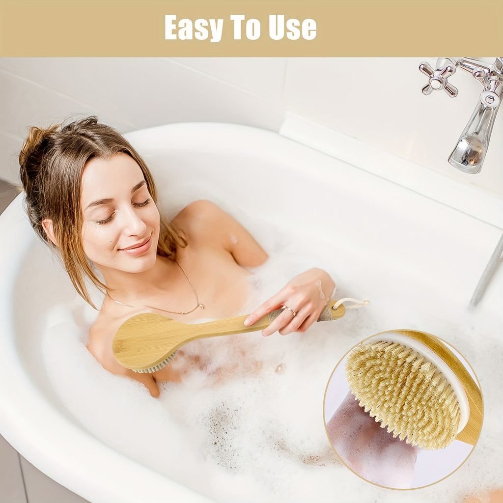 Extended Handle Bath Brush Featuring a Hanging Rope, Natural Bristle Back Scrubber, Exfoliating Shower Brush for Body Spa Cleansing
