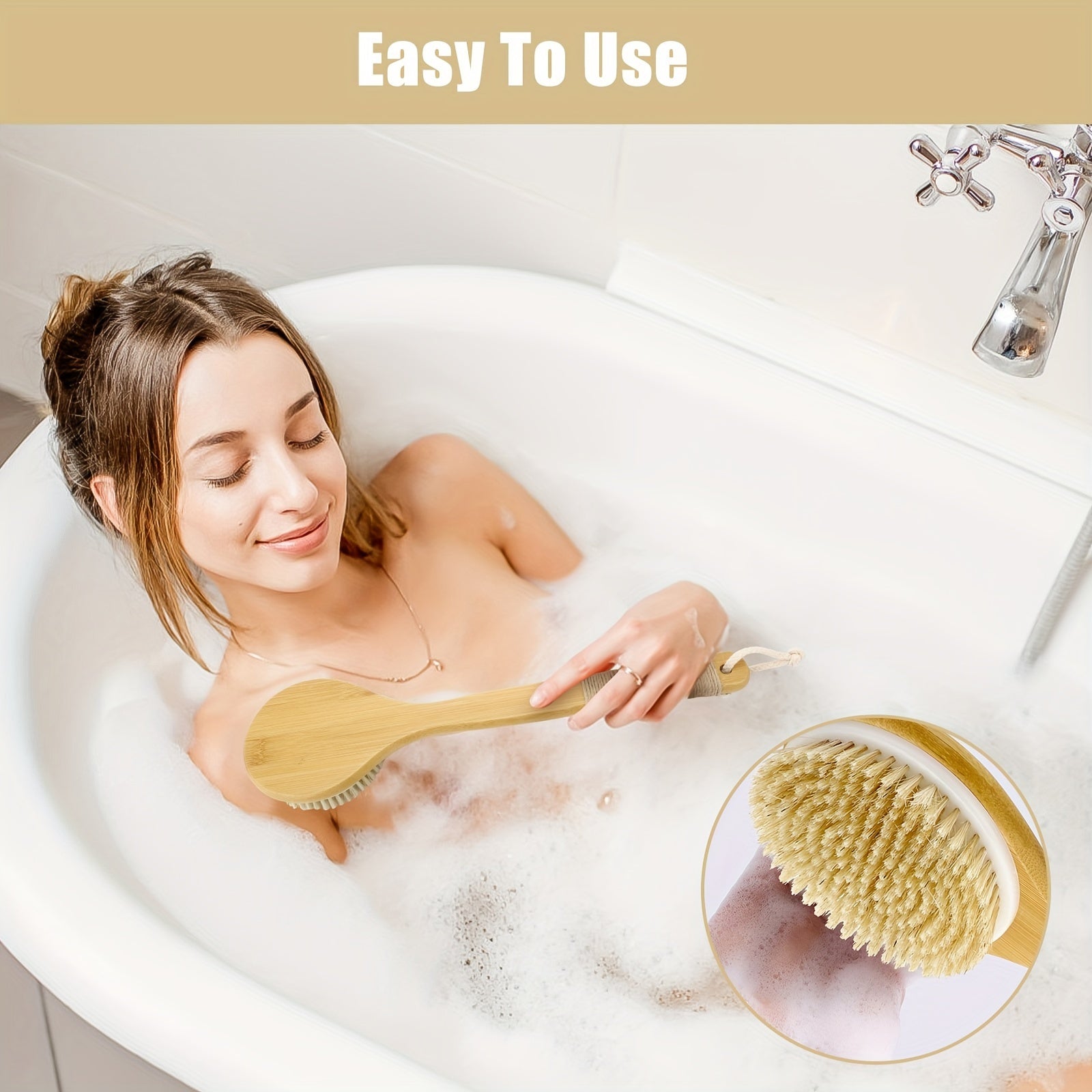 Extended Handle Bath Brush Featuring a Hanging Rope, Natural Bristle Back Scrubber, Exfoliating Shower Brush for Body Spa Cleansing