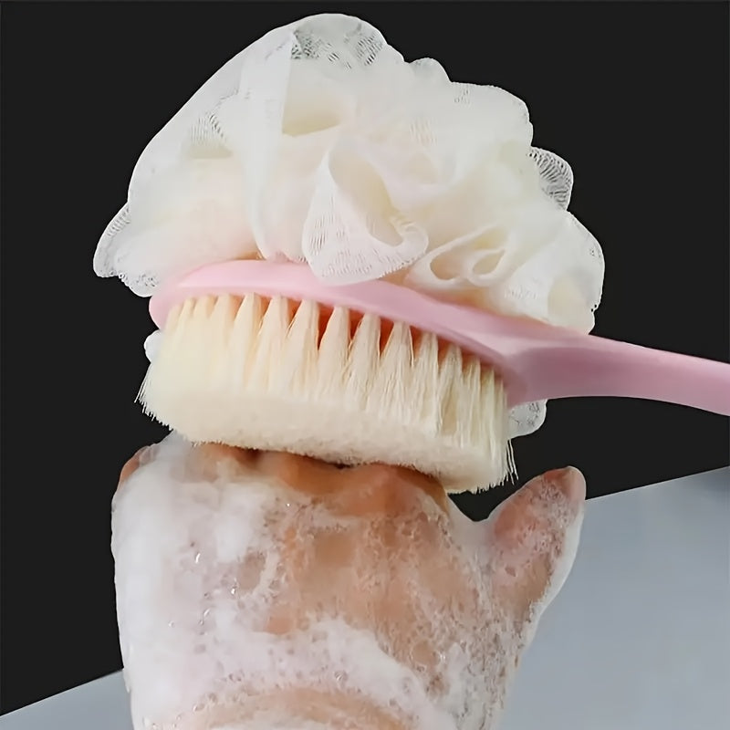 A 2-In-1 Dual-Headed Shower Brush, Equipped with a Soft Loofah, Designed for Back Scrubbing: Convenient And Quick.