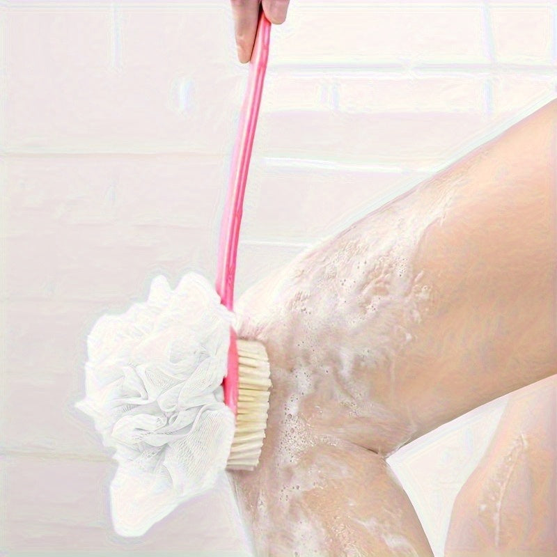 One Soft Bristle Long Handle Shower Brush with Mesh Foam, Japanese Exfoliating Back Scrubber, Multifunctional 2-in-1 Bath Brush, Suitable for Showers, Gentle Hair Removal and Light Beige Massage
